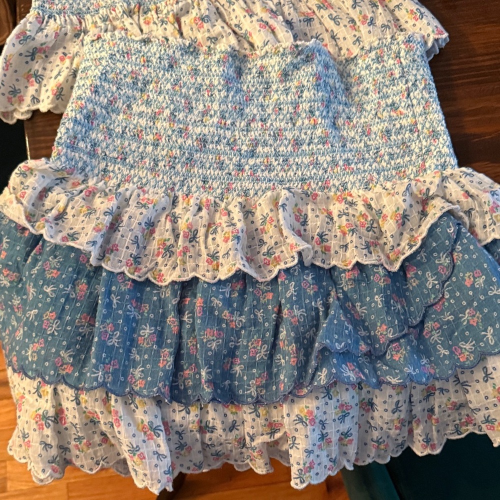 LoveShackFancy Blue and White Floral Mini Skirt